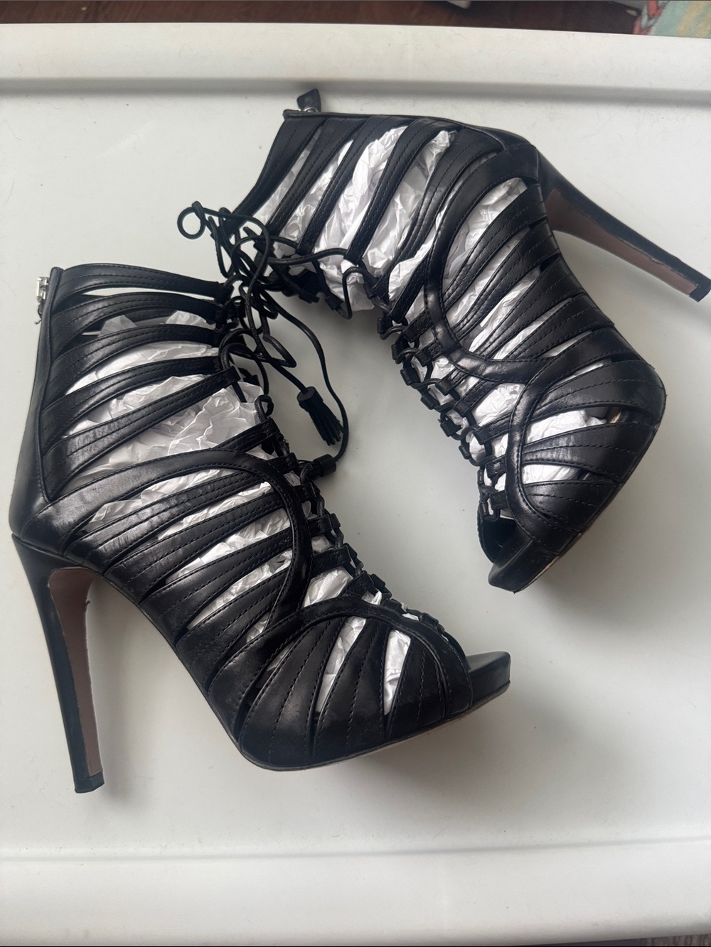 Prada Black Strappy Lace-Up Peep-Toe Stiletto Heels